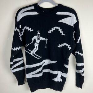 Lido Sports 80s True Vintage Ski Lodge Wool Graphic Sweater Black & White XS / S
